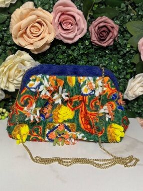 Handcrafted Floral Embellished Clutch - Multicolor NWT